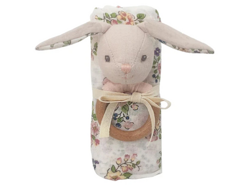 Floral Muslin and Bunny Wood Rattle Gift Set