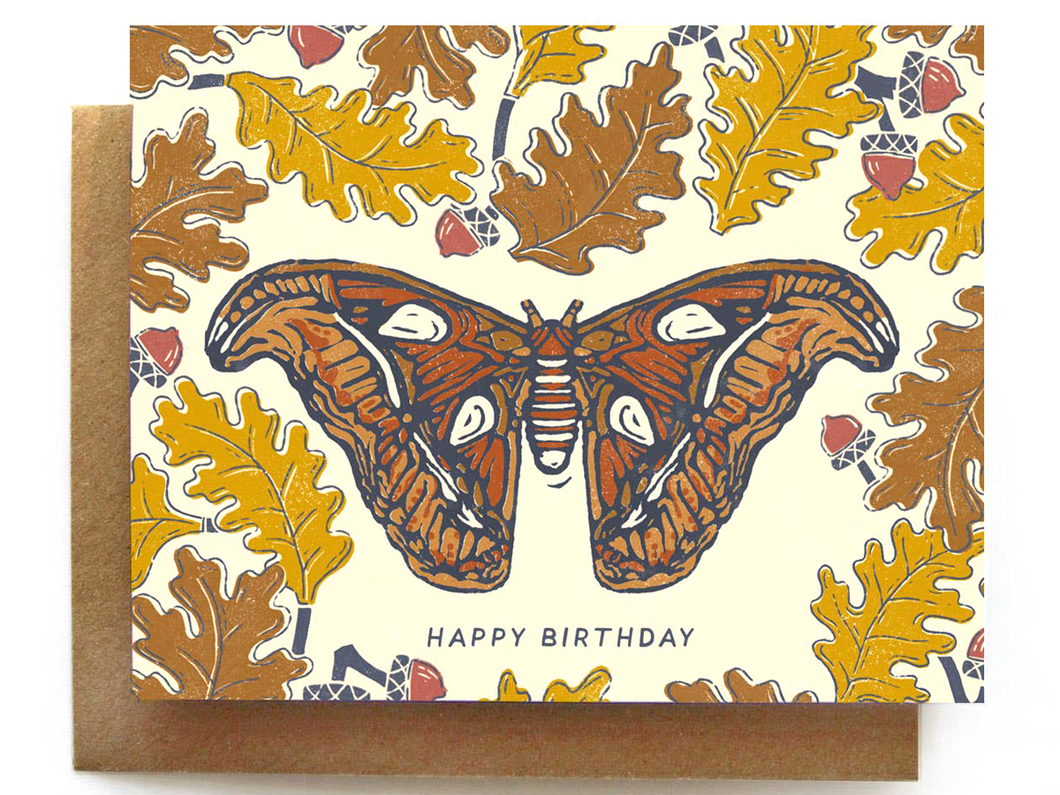 Atlas Moth & Oak Leaves Birthday, Single Card