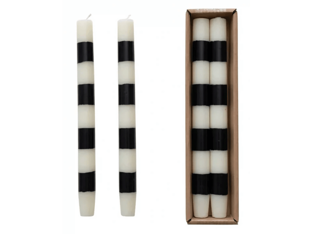 Black & White Striped Taper Candles, Set of 2