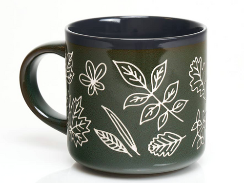 Pressed Leaves, Hand Carved Ceramic Mug