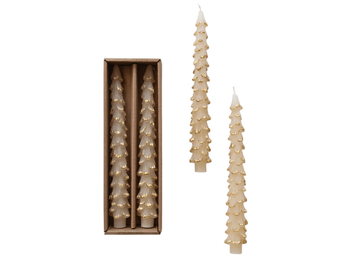 Cream & Gold Tree-Shaped Taper Candles, Set of 2