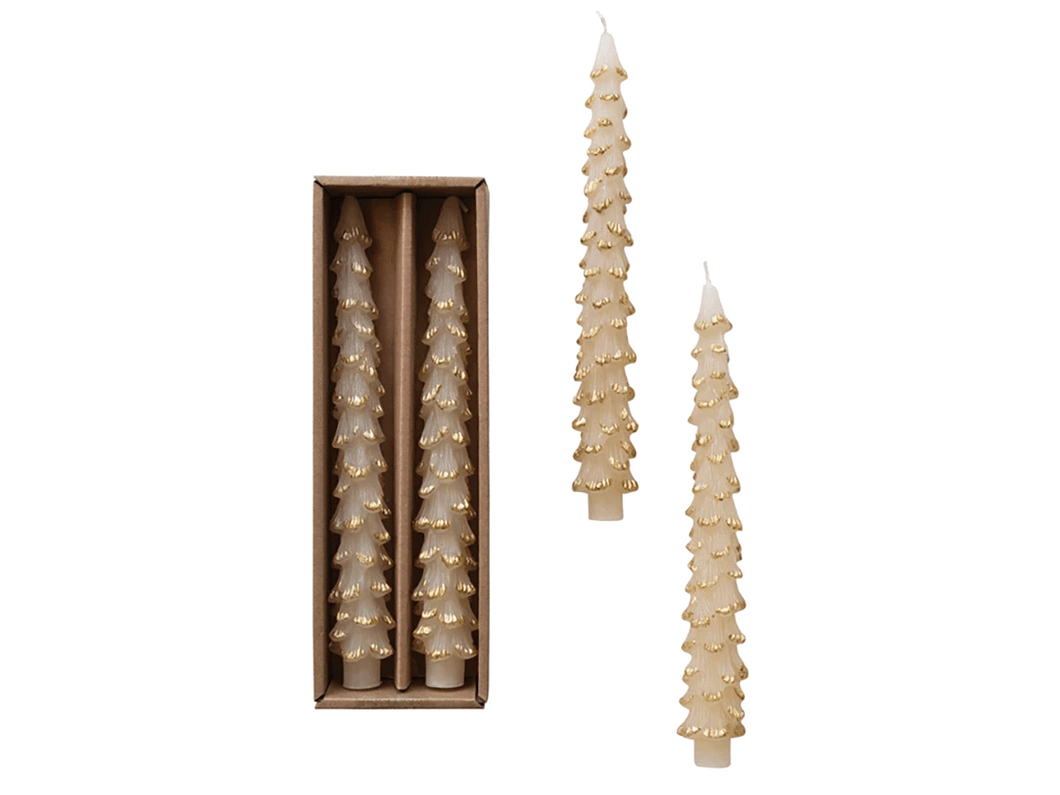 Cream & Gold Tree-Shaped Taper Candles, Set of 2