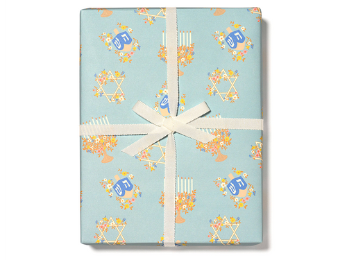 Floral Menorah Hanukkah Wrapping Paper, Set of 3 Sheets