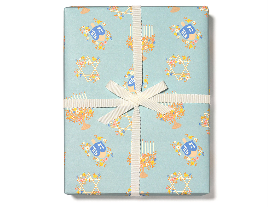 Floral Menorah Hanukkah Wrapping Paper, Set of 3 Sheets