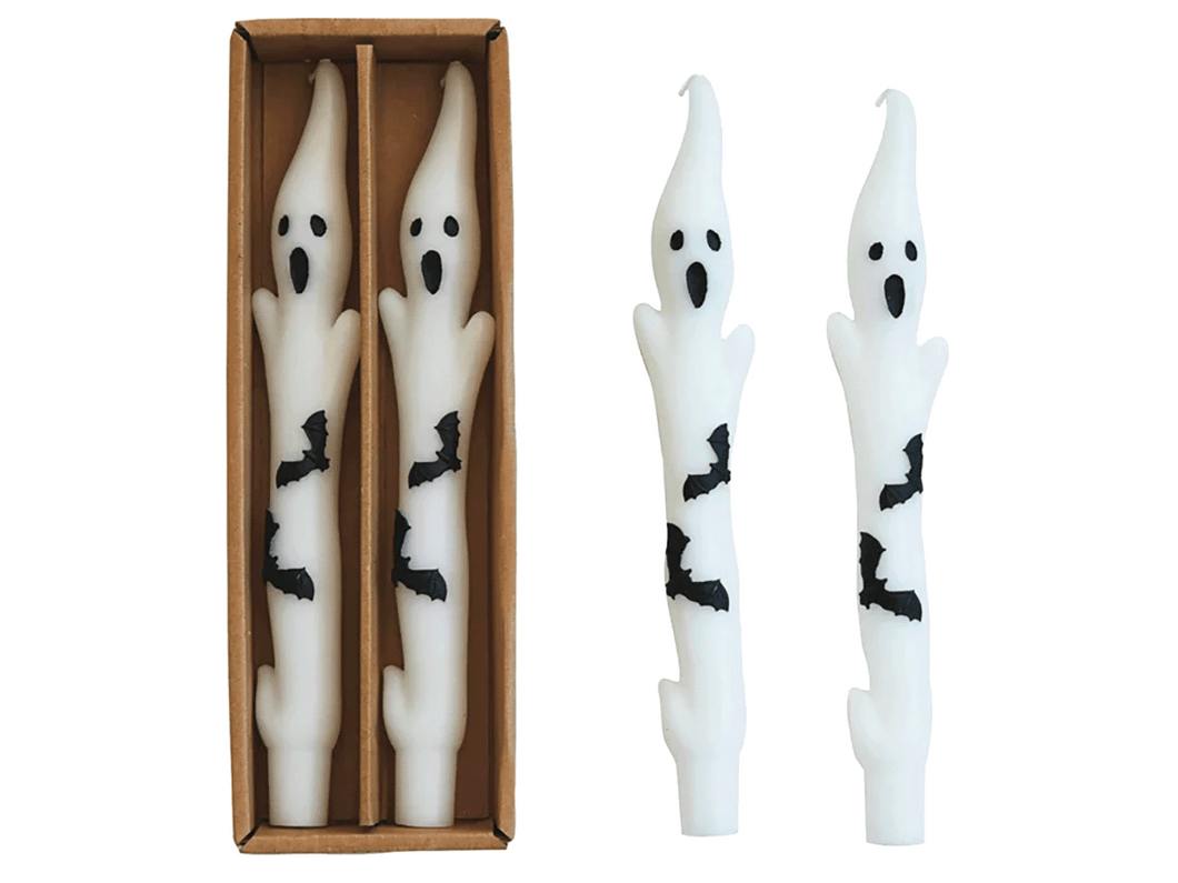 Ghost Shaped Taper Candles with Bats, Set of 2