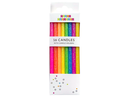 Tall Glitter Neon Rainbow Candles, Set of 16