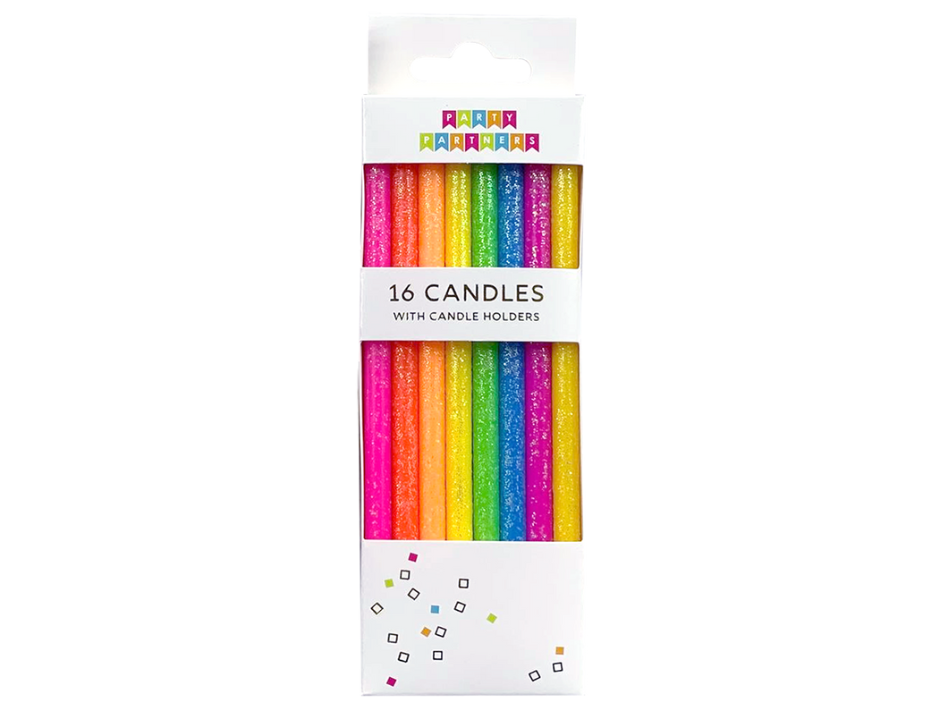 Tall Glitter Neon Rainbow Candles, Set of 16