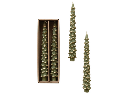 Green & Gold Tree-Shaped Taper Candles, Set of 2