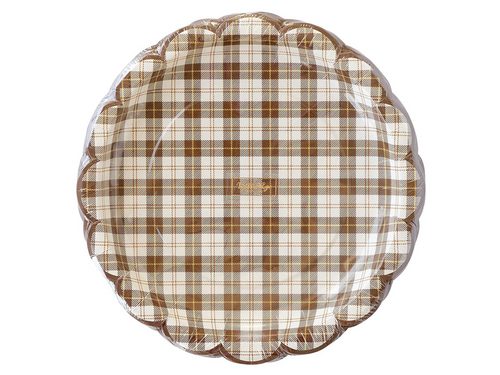 Harvest Scallop Brown Plaid Paper Plates, Set of 8