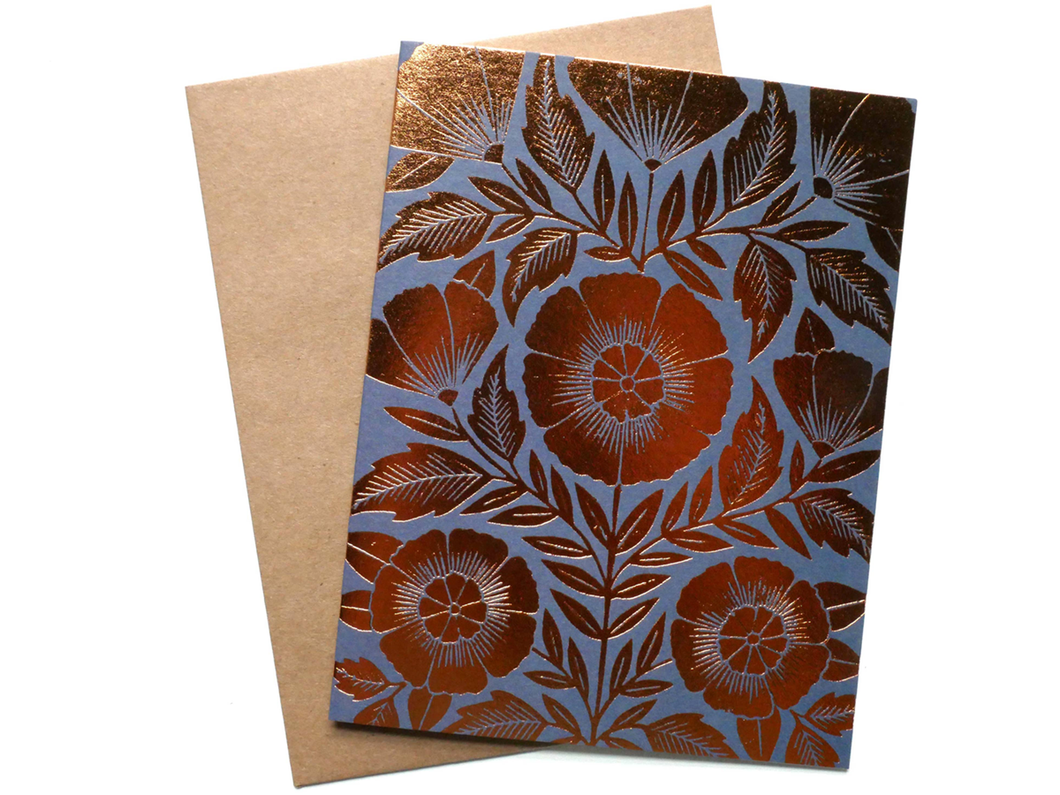 Blue & Copper Floral Foil, Single Card
