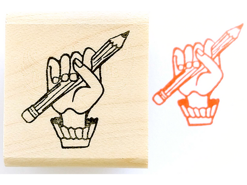 Pencil in Hand Rubber Stamp