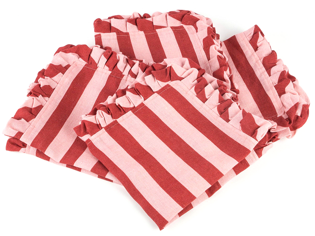 Red & Pink Stripe Ruffle Fabric Napkins, Set of 4