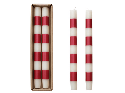 Red & White Striped Taper Candles, Set of 2