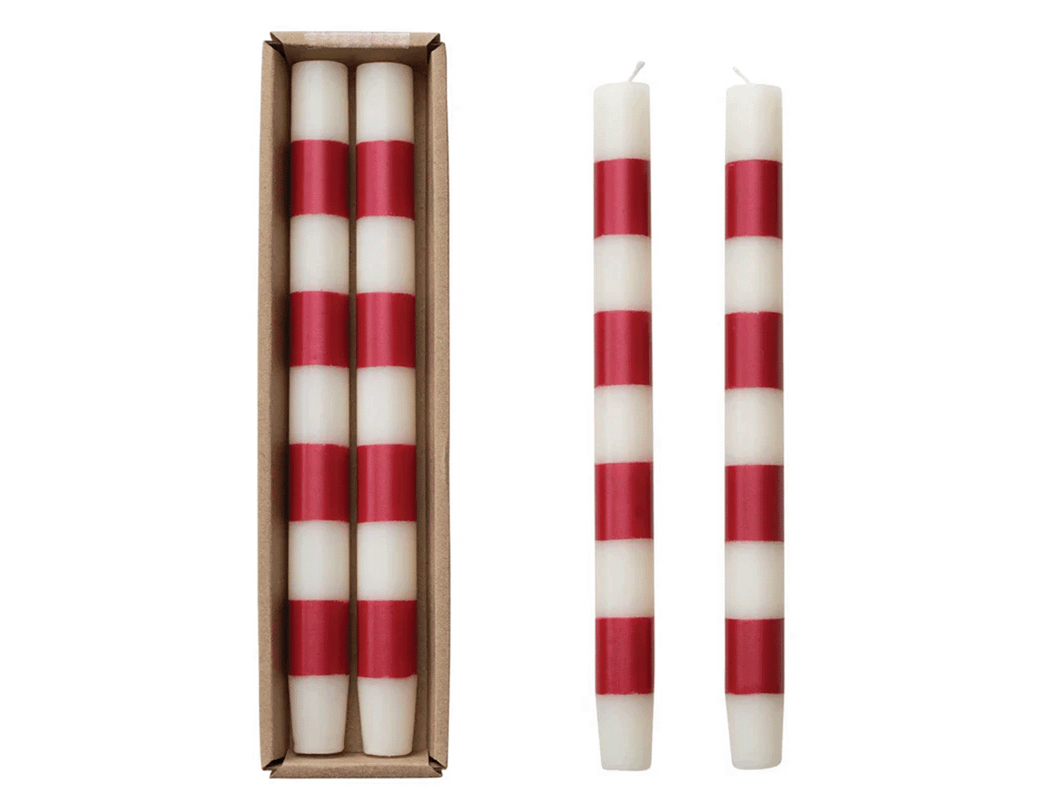 Red & White Striped Taper Candles, Set of 2
