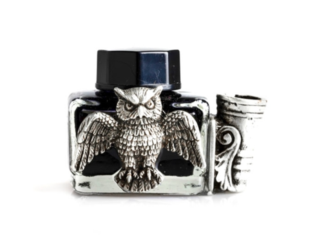 Owl Glass Inkwell with Pewter Owl, Pen Holder & Black Writing Ink